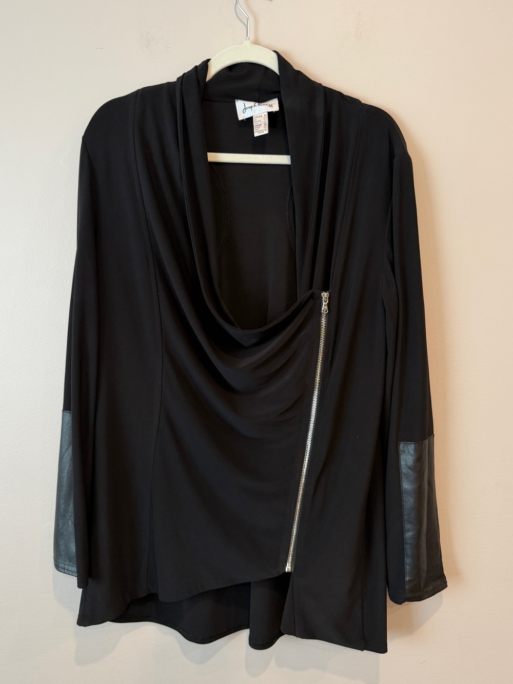 Joseph Ribkoff Asymmetrical Zip Cowl Neck Jacket Faux Leather Trim Black 18